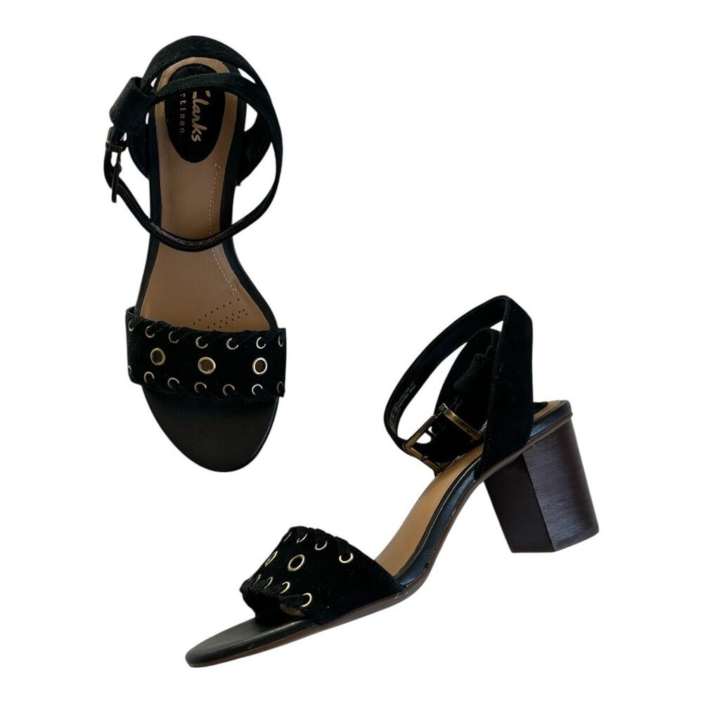 Clarks Ralene Sheen Black Suede Ankle Strap Block Heel Sandals Women’s Size 6